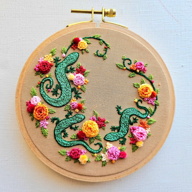 Translation missing: en.Backyard Geckos Embroidery Kit by Jessica Long