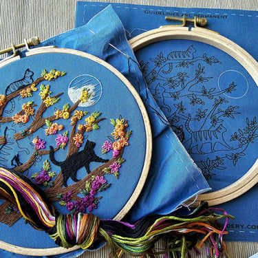 Translation missing: en.Cats &amp; Full Moon Embroidery Kit by Jessica Long