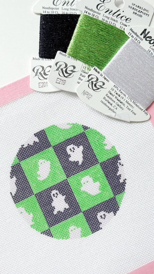 Checkered Ghost Round Halloween Needlepoint Canvas