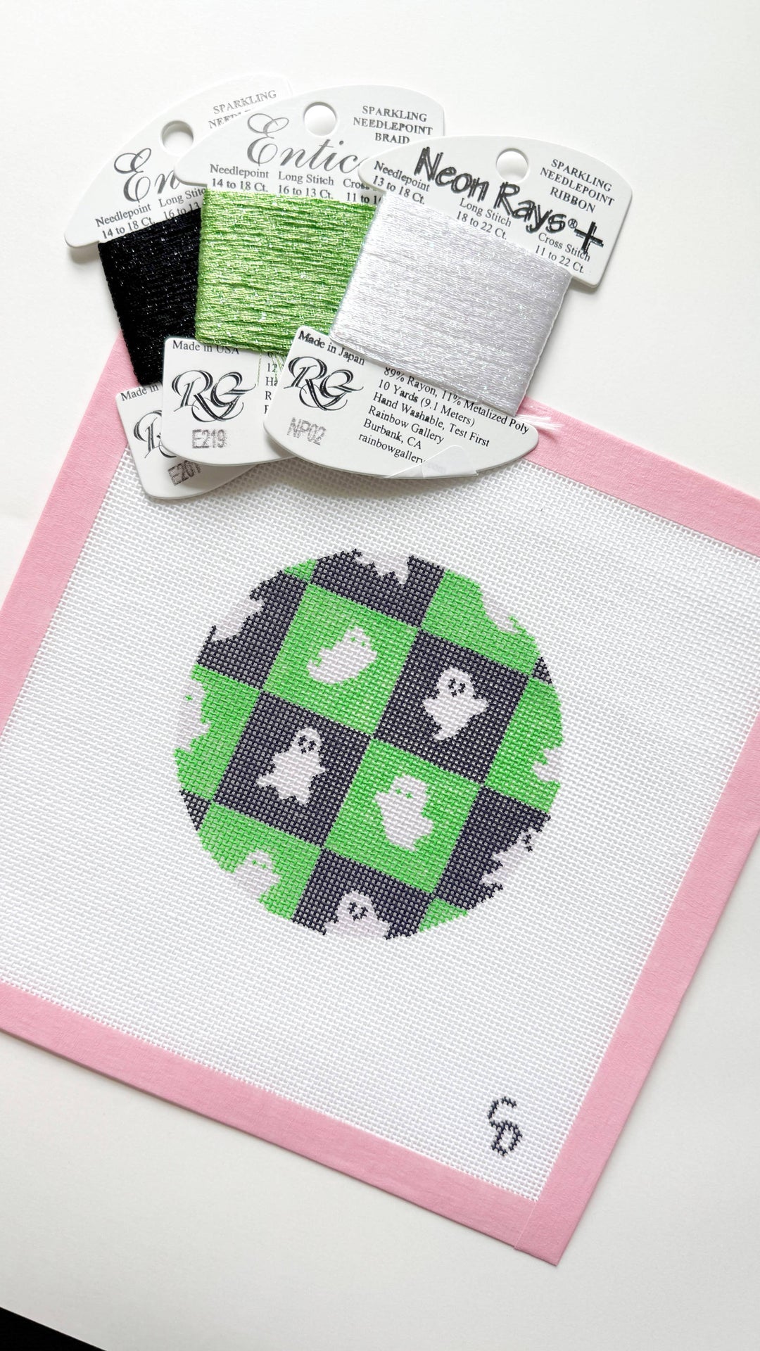 Checkered Ghost Round Halloween Needlepoint Canvas