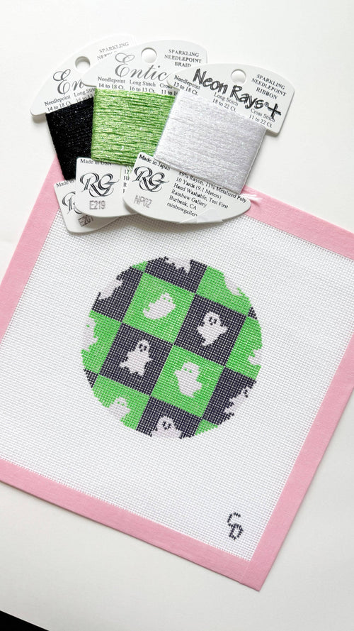 Checkered Ghost Round Halloween Needlepoint Canvas