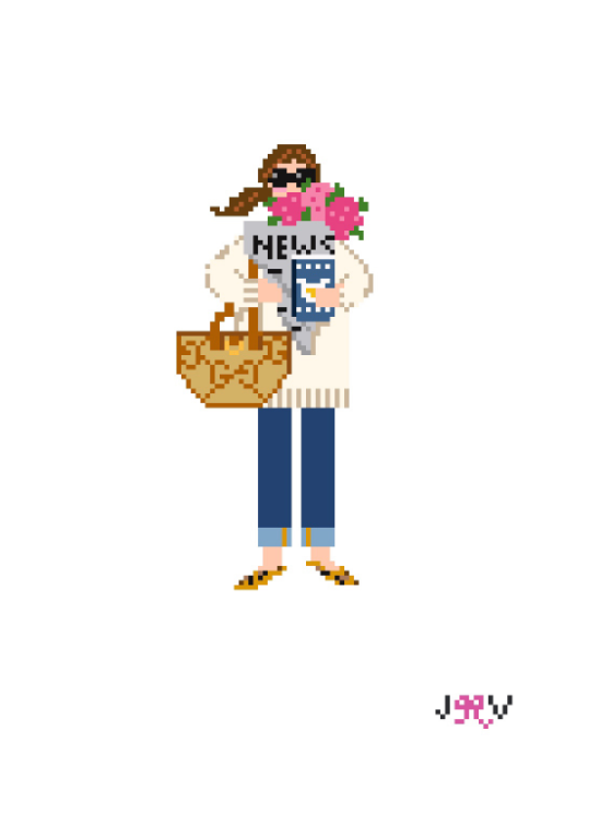 News & Flowers Girl Needlepoint Canvas by Jennifer Vallez