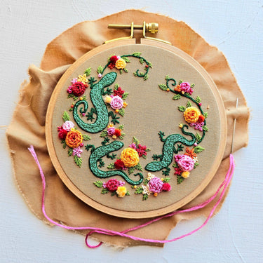 Translation missing: en.Backyard Geckos Embroidery Kit by Jessica Long
