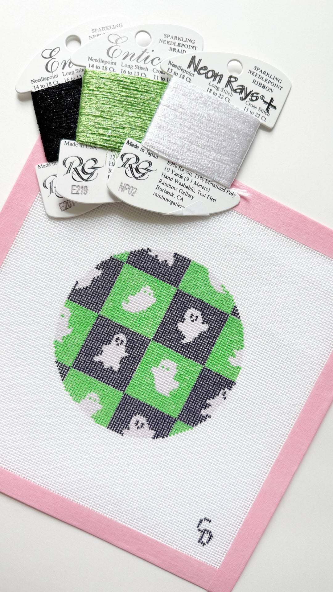Checkered Ghost Round Halloween Needlepoint Canvas