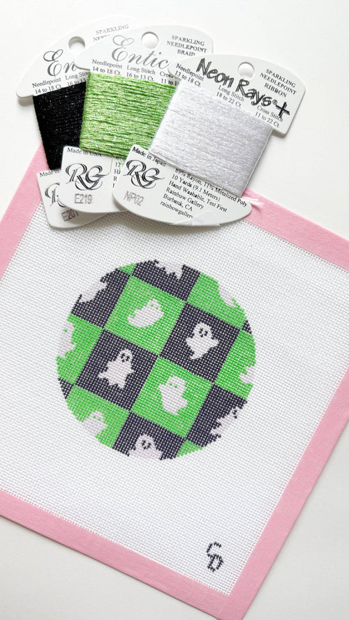 Checkered Ghost Round Halloween Needlepoint Canvas