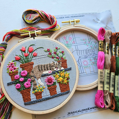 Catnap with Flowers Embroidery Kit by Jessica Long