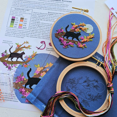 Translation missing: en.Mini Black Cat &amp; Full Moon Embroidery Kit by Jessica Long