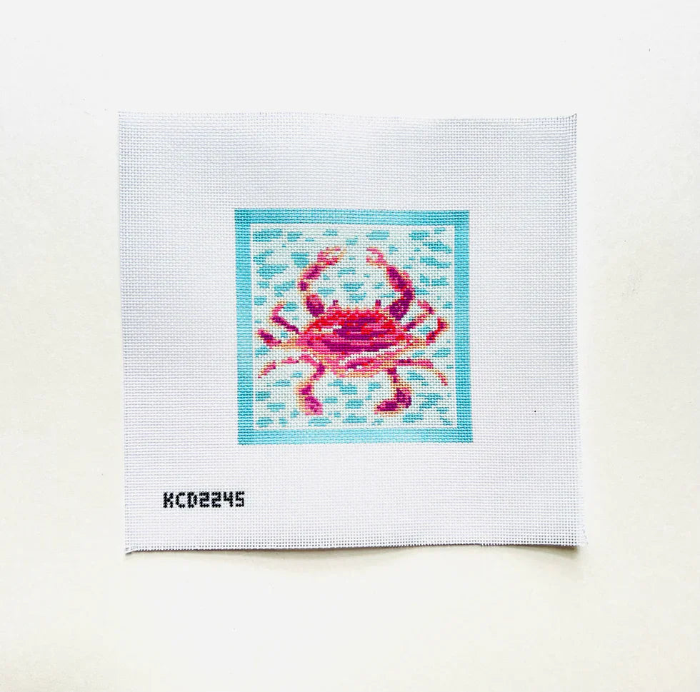 Pink Crab on Blue Square Needlepoint Canvas