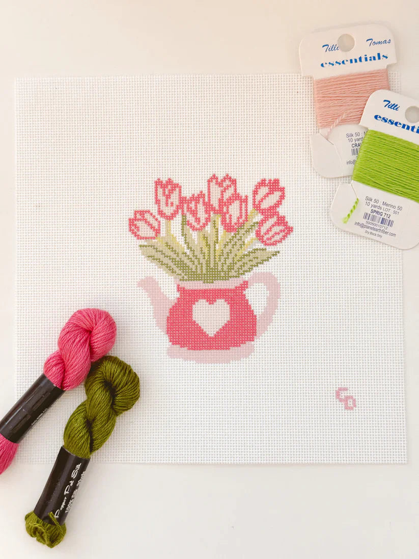 Heart Flower Teapot Needlepoint Canvas