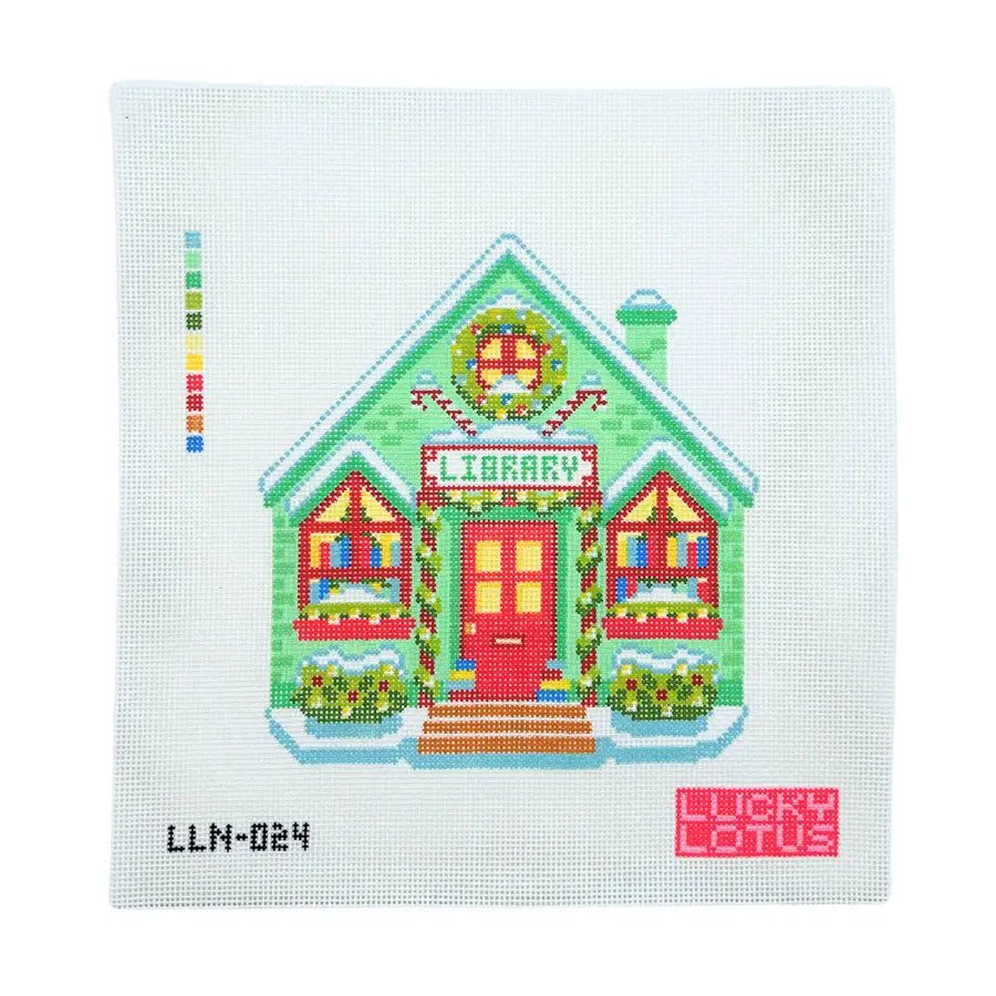 Library Christmas Village Needlepoint Canvas