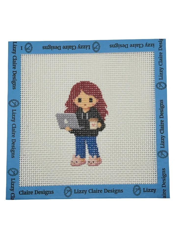Lizzy Claire  with Laptop & Slippers Needlepoint Canvas