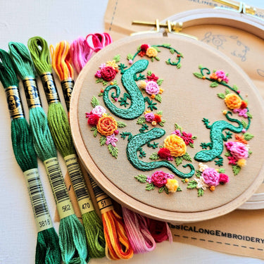 Translation missing: en.Backyard Geckos Embroidery Kit by Jessica Long