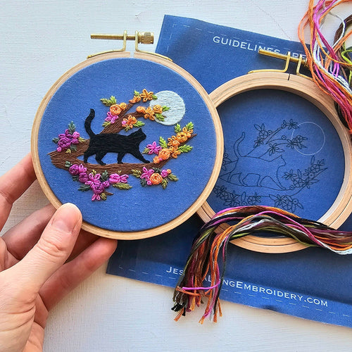 Mini Black Cat & Full Moon Embroidery Kit by Jessica Long