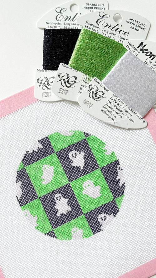 Checkered Ghost Round Halloween Needlepoint Canvas