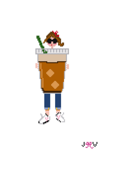 Translation missing: en.Iced Coffee Brunette Girl Needlepoint Canvas by Jennifer Vallez