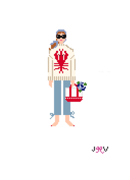 Lobster Sweater Pants Girl Needlepoint Canvas by Jennifer Vallez